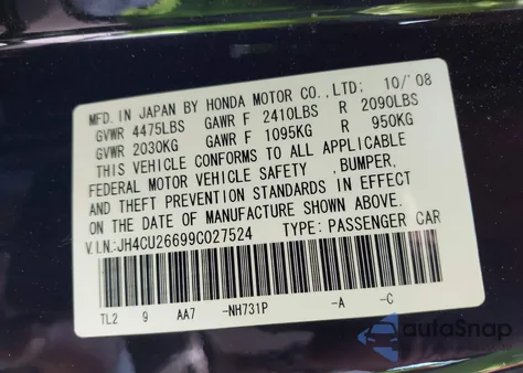 2009 Acura Tsx from USA, damaged, VIN JH4CU26699C027524